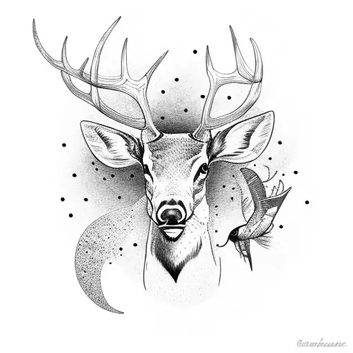 Create A Dotwork Tattoo Of An Elk And A Hummingbird With A Celestial Background