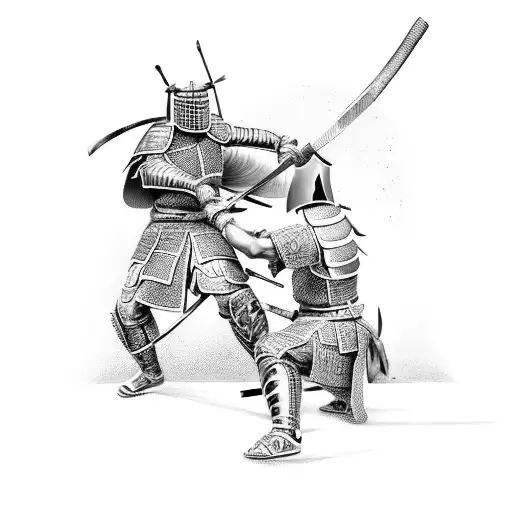 Fierce Samurai And Gladiator Facing Off With Weapons
