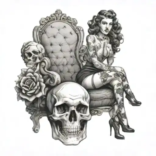 Pin Up Girl Holding A Skull Sitting On A Throne