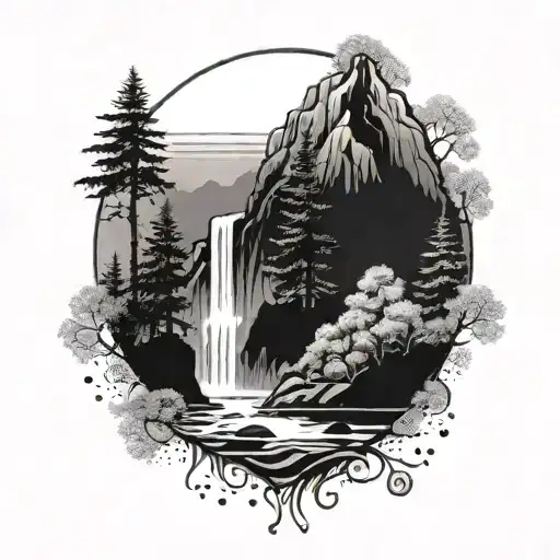 Trees And Mountains And Waterfall Flowing