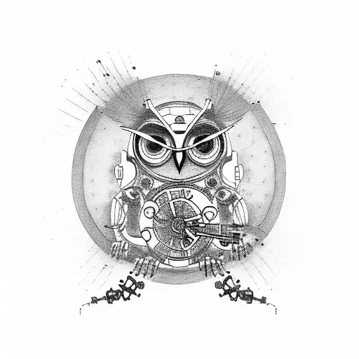 A Tattoo Of A Robotic Owl Dj Mixing Music With Mechanical Arms And Gears