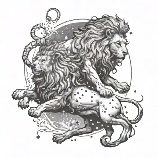 A Lion And Poseidon Battling In A Cosmic Scene Tattoo