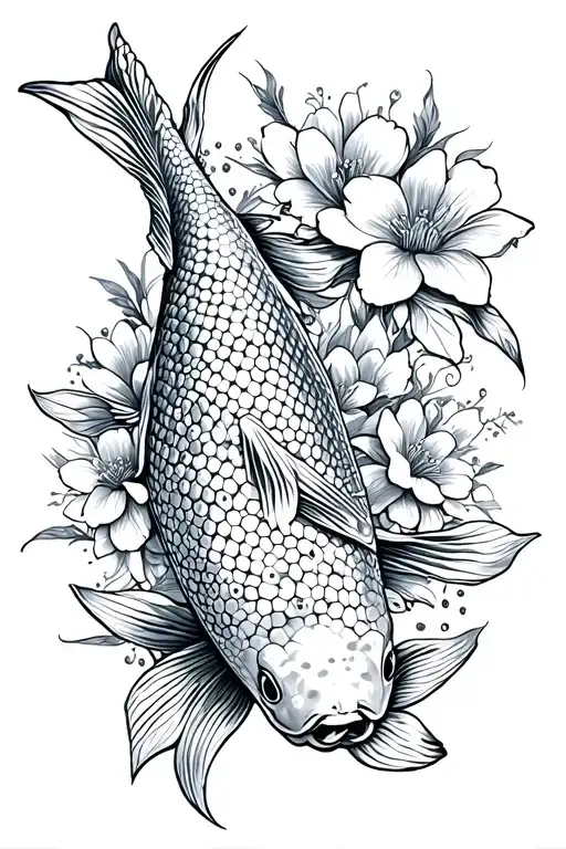 Koi Fish With Flowers Surrounding