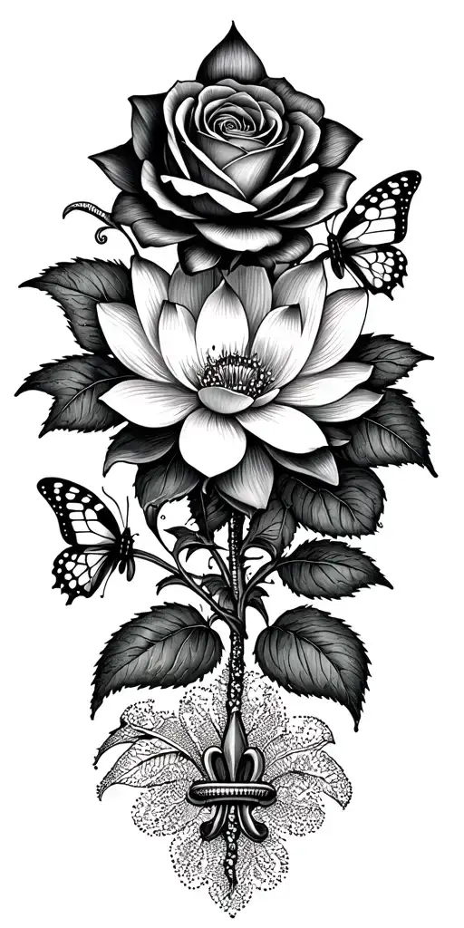 Fleur -De -Lis With A Rose And A Lotus Flower With Butterfly Around