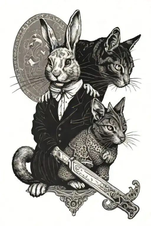 Tarot Card Featuring Rabbit And Cat Holding A Knife Each