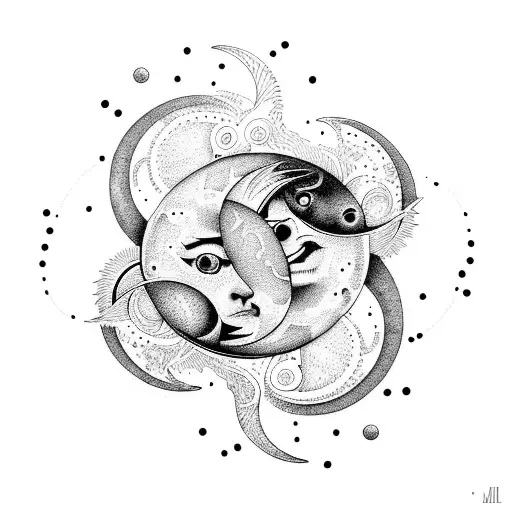 A Sun And Moon Entwined With Marine Life