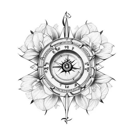 An Antique Compass With A Peony And Daffodil Bouquet Surrounding It