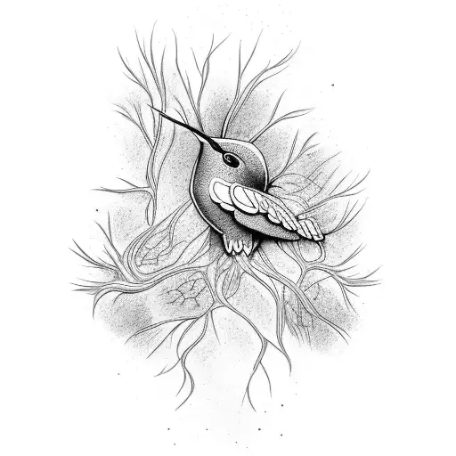 Roots Coming Out Of A Stream Into The Tree Of Life Into A Hummingbird Into Space As A