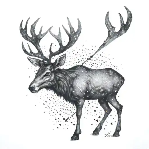 A Dotwork Tattoo Of A Stag Silhouette With A Hunting Rifle Integrated Into The Antlers