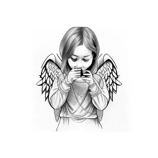 Girl Angel Sits Half-sitting With A Phone That Covers Her Face