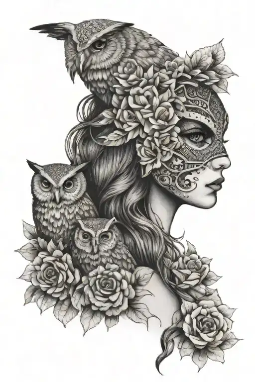 Woman With Flower Hair And Owl Mask