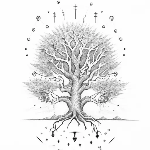 Tree With Lighting Bolts Surrounding And Symbols Of Life