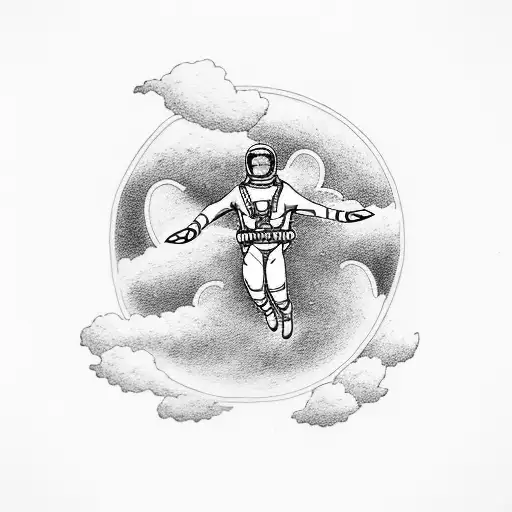A Dotwork Tattoo Of A Skydiver Soaring Through The Clouds Towards A Vibrant Sunset