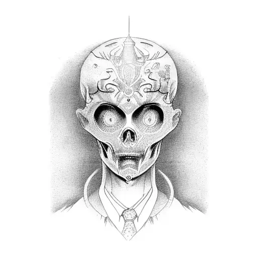 A Dotwork Tattoo Of Wang Yibo In A Black And White Horror Movie Poster Style