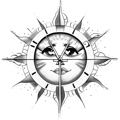 Sun With Facem Sunrays And Clock