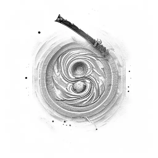 A Samurai Sword Embedded In The Sand With Musical Notes Swirling Around It