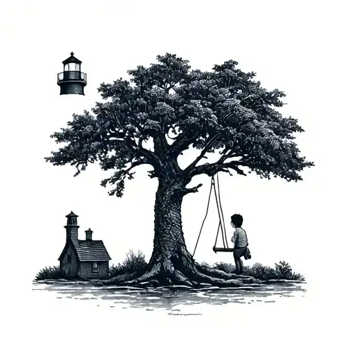 A Tree With A Boy On A Swing Looks At The Lighthouse