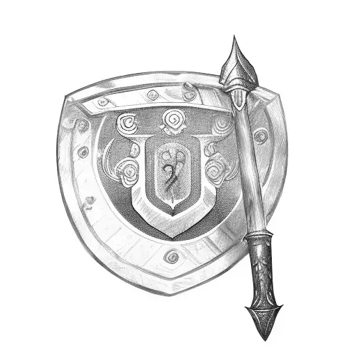 Greek Spartan Sheild And Spear Behind The Sheild With Greek Letters