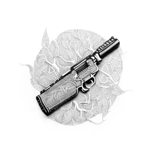An Intricate Design Of A Gun Made Out Of Tree Branches And Leaves In A Dotwork Style