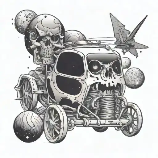 A Futuristic Design Of A Skeleton Driving A Sleek Car Through A Galaxy Filled With Planets