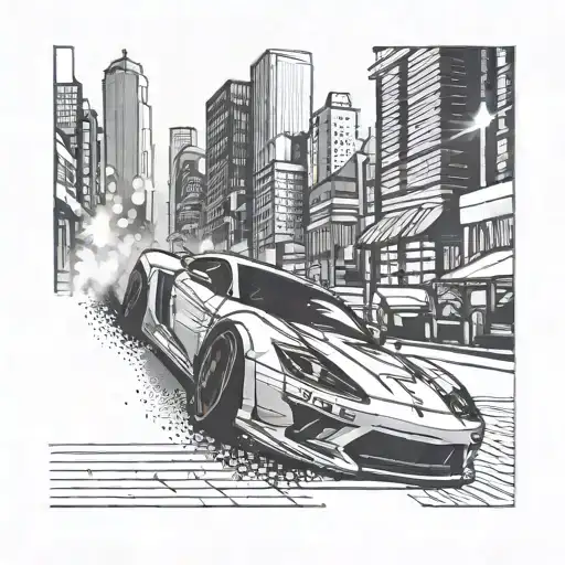 Create A Dotwork Tattoo Of A Sleek Sports Car Racing Through A Futuristic Cityscape