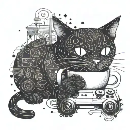 A Coffee Cup With A Cat Silhouette Made Of Gaming Controllers In A Dotwork Style