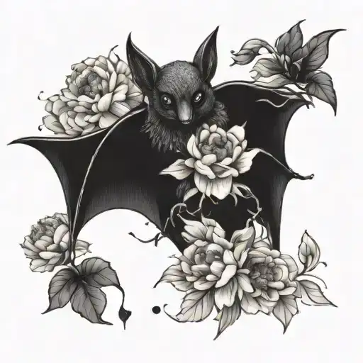 A Black Bat That Is Surrounded By Peonies