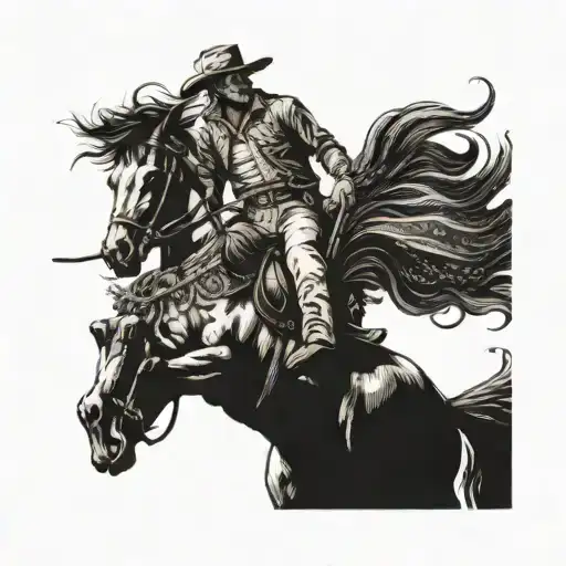 A Cowboy Riding A Wild Mustang In A Dotwork Style
