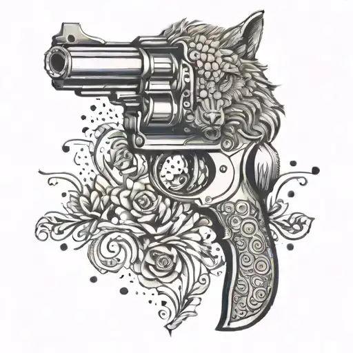 A Vintage Revolver With A Wolf Engraved On It In A Dotwork Style