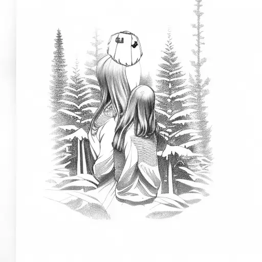 Viking Mother And Daughter With Pine Trees And Monarch Butterflies