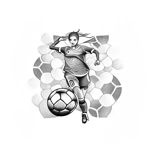 A Dotwork Tattoo Of A Woman Playing A Soccer Video Game With A Soccer Ball As The Controller