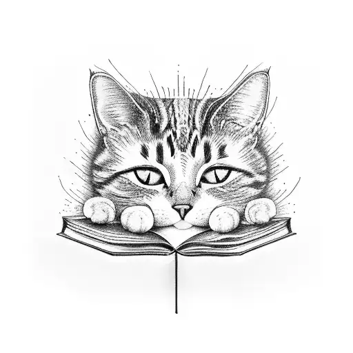 A Dotwork Tattoo Of A Cat Curled Up Inside An Open Book