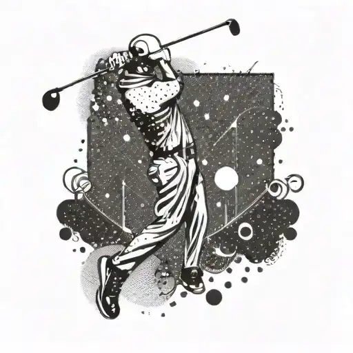 A Tattoo Design Featuring A Golfer Swinging A Club With Electronic Music Notes Floating Around Them