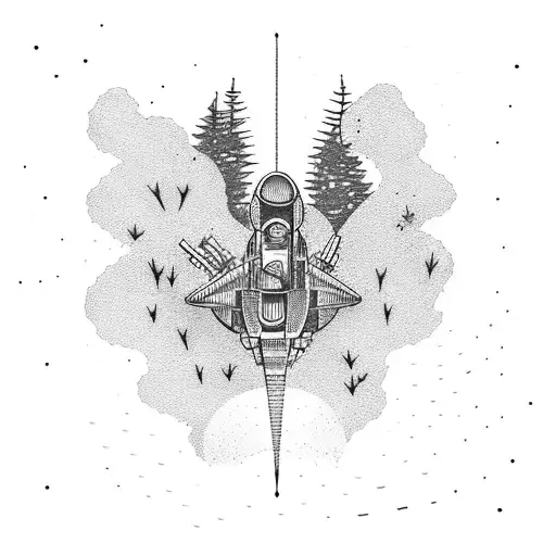 A Dotwork Tattoo Of A Spaceship Flying Over A Forest Landscape