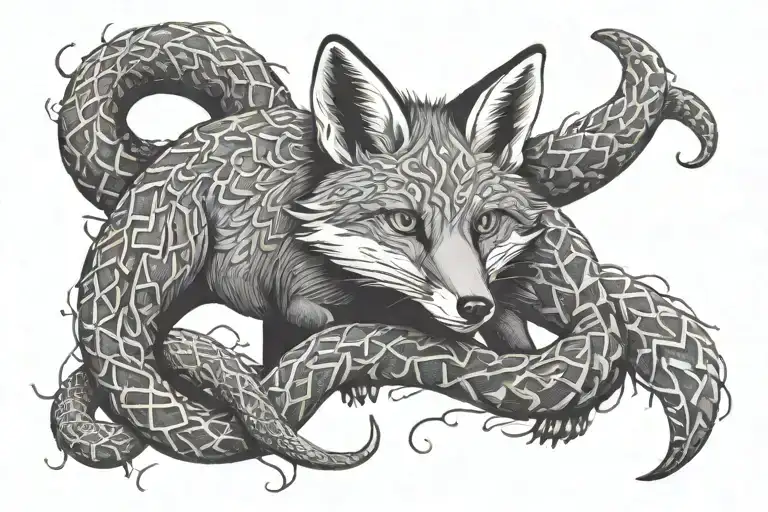 Red Fox Entwined With A Snake