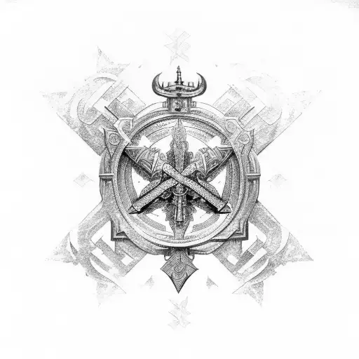 An Intricate Design Of Crossed Swords Surrounded By Historical Military Symbols