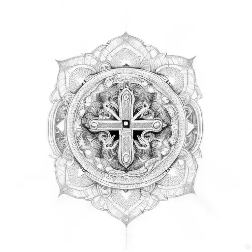 An Intricate Mandala Design With A Central Cross And The Face Of Mary As The Background
