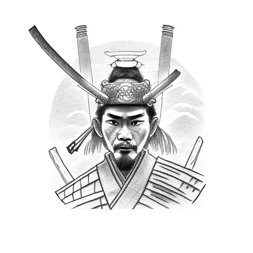 Samurai Warrior Standing In Street With Smoke And Temple In Background