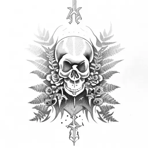 Garden Of Ferns In Middle Skull With A Dagger