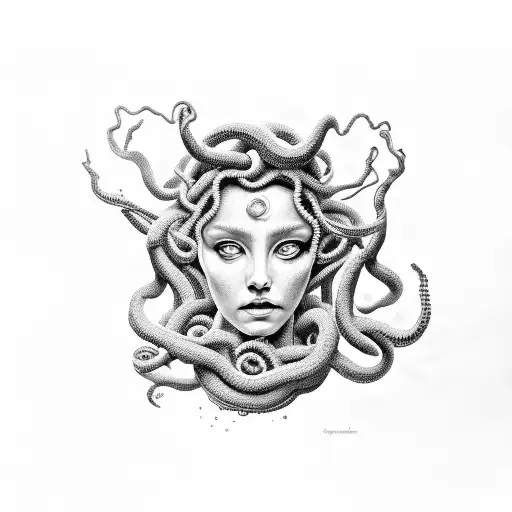 A Surreal Black And White Portrait Of Medusa With Intricate Dotwork Details