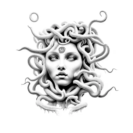 A Surreal Black And White Portrait Of Medusa With Intricate Dotwork Details