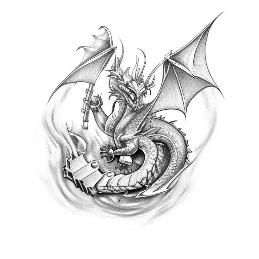 Create A Tattoo Featuring A Powerful Dragon Lifting Weights In A Gym