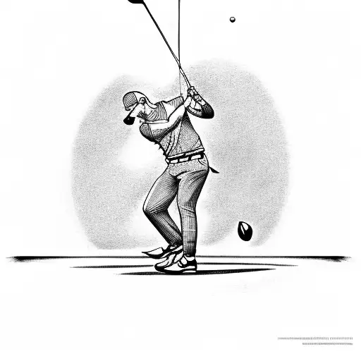Create A Tattoo Design Of A Golfer Swinging A Club With A Money-filled Golf Bag In The Background