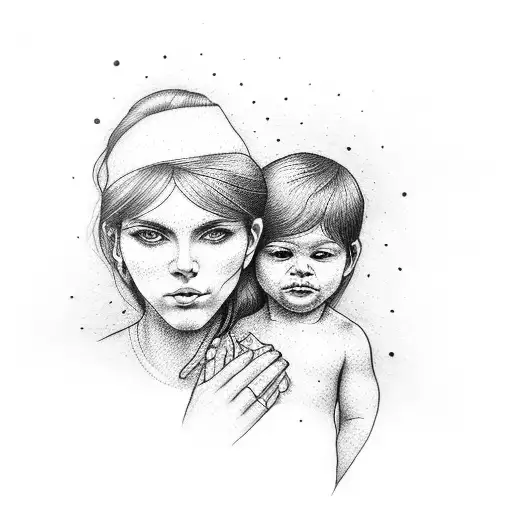 A Dotwork Tattoo Of A Mother And Child Holding Hands