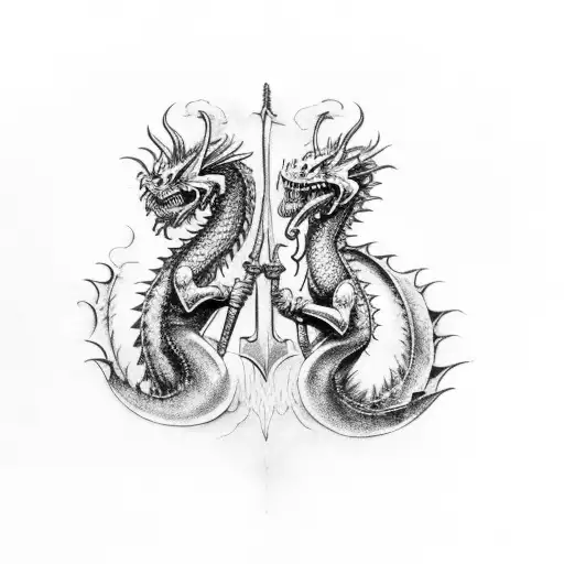 Two Medieval Dragons Breathing Fire Forging A Sword Flying From Opposite Directions