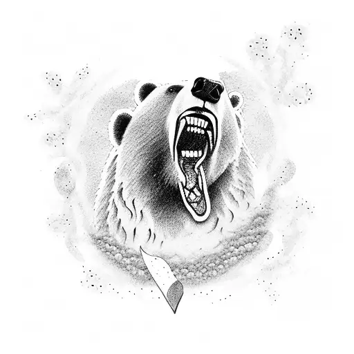 A Dotwork Tattoo Of A Bear Roaring While Holding A Dagger In Its Paw