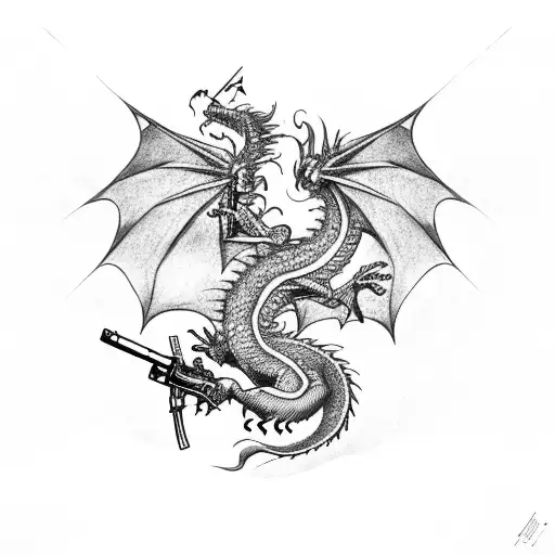 Dragon With Guns In Fire And Water