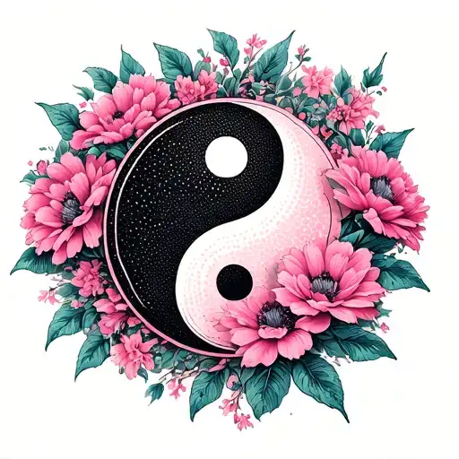 Pink Flowers With Ying Yang Abstrakt Symbol Incorporated