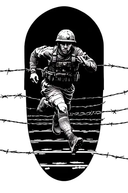 An Intricate Design Of A Soldier Running On A Track With Barbed Wire Intertwined With Running Shoes