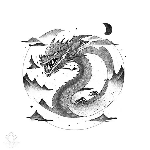 Mountain With Small Moon On The Left And Small Dragon On The Right